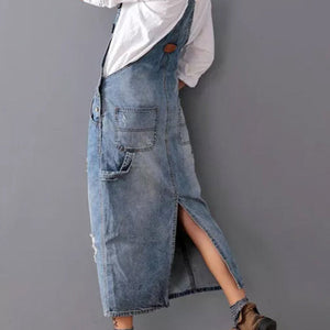 RetroJane Kjole med slidser i ryggen og overtræksbukser i denim
