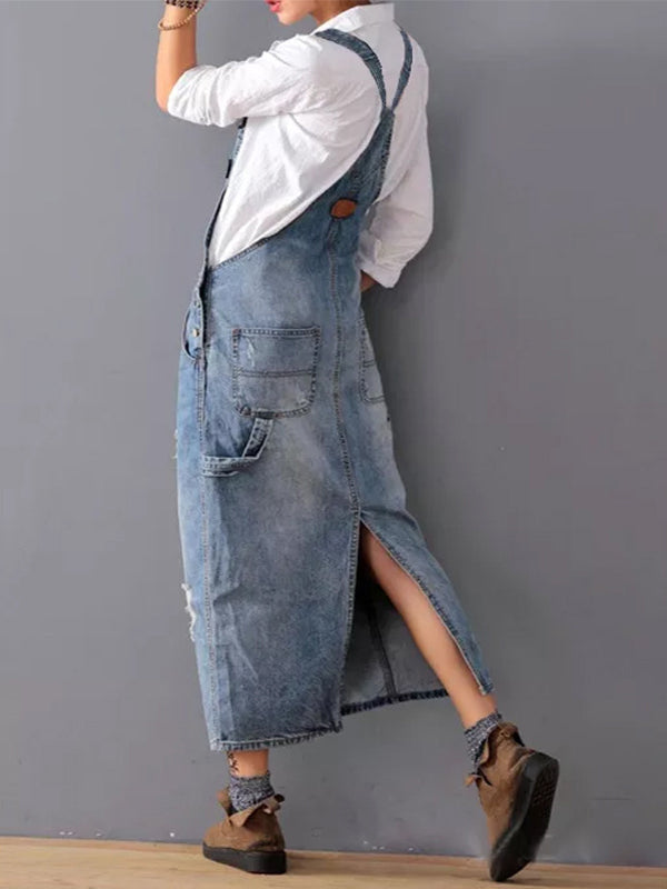 RetroJane Kjole med slidser i ryggen og overtræksbukser i denim